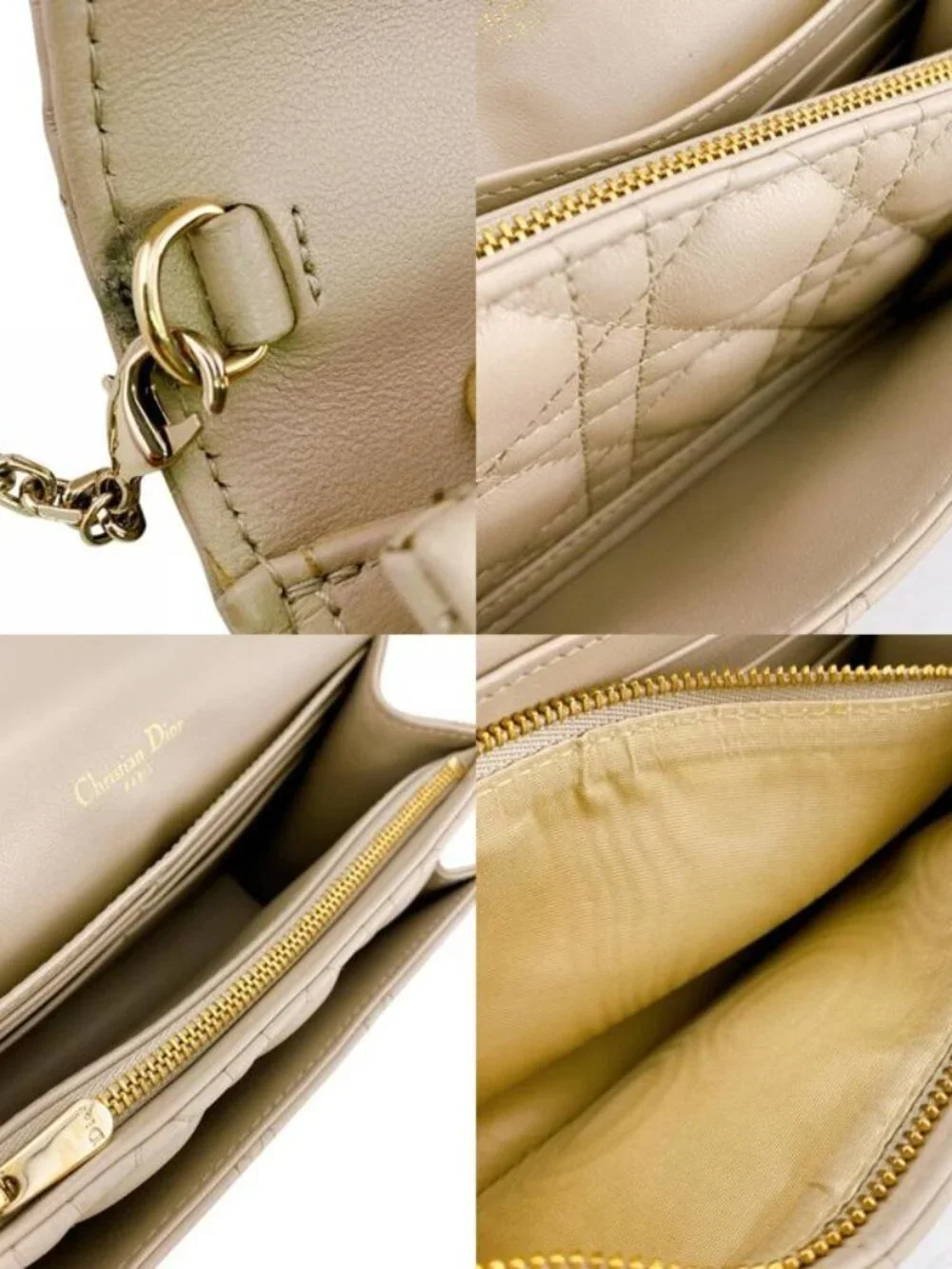 Dior Lady Logo Leather Wallet Chain Beige Handbag